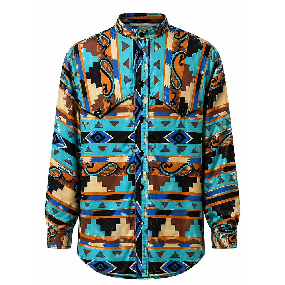 Cowboy Western Rodeo Aztec Shirt Ranch Button Up Bold Print Stand Collar Large